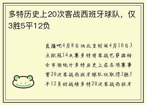 多特历史上20次客战西班牙球队，仅3胜5平12负